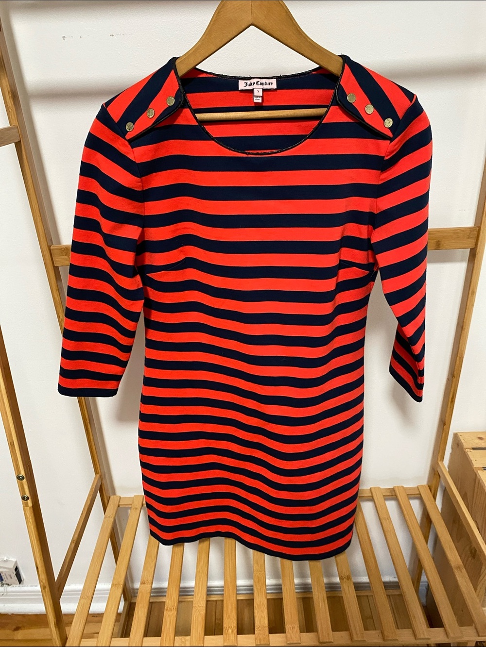 Juicy Couture Red and Navy Striped Boatneck Tunic with Shoulder Buttons